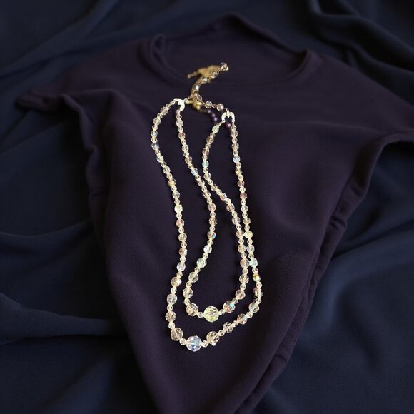 VINTAGE AB CRYSTAL 2 STRAND NECKLACE  17 IN & 18 IN PLUS EXTENSION CHAIN W HOOK - Picture 3 of 5